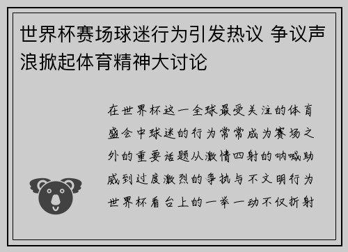 世界杯赛场球迷行为引发热议 争议声浪掀起体育精神大讨论