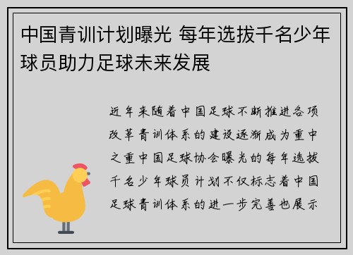 中国青训计划曝光 每年选拔千名少年球员助力足球未来发展