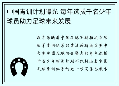 中国青训计划曝光 每年选拔千名少年球员助力足球未来发展